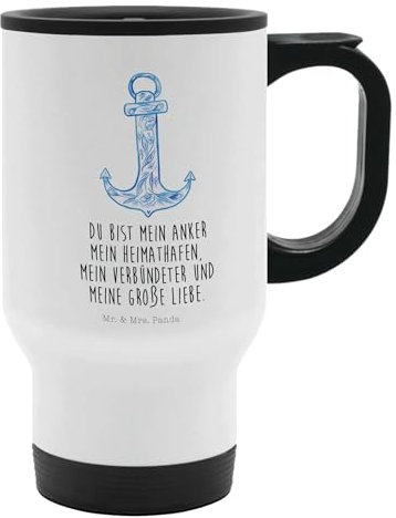 Mr. & Mrs. Panda Thermobecher Anker Blau - Geschenk, Gute Laune, lustige Sprüche, Reisebecher, Kaffeebecher, Tiere, Warmhaltetasse, Tasse mit Deckel,