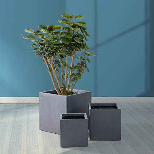 Kante AF0001ABC-60121 Leichter Beton moderner quadratischer Übertopf für den Außenbereich, Set mit 3 Stück, 40,6 cm hoch, dunkelgrau
