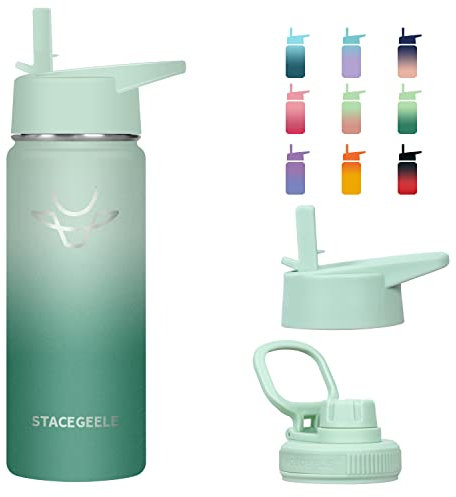 STACEGEELE Edelstahl Trinkflasche 550ml Thermosflasche mit Strohhalm Deckel Schraubverschluss Isolierte Wasserflasche für Kinder Auslaufsichere Isolierflasche doppelwandig Kohlensäure geeignet 18oz