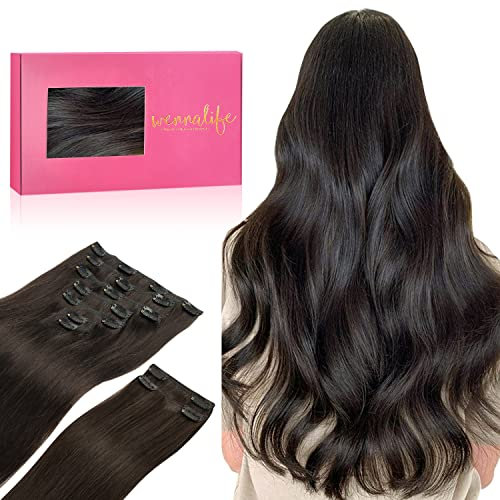 WENNALIFE Extensiones de Clip de Pelo Natural, Castaño Oscuro 150g 50cm 9 Piezas Extensiones Pelo Natural Remy Cabello Humano Extensiones Pelo Natural Clip Double Weft Extensiones de Clip