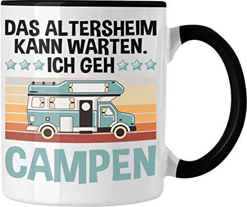 Trendation - Wohnwagen Camper Tasse Geschenke Wohnmobil für Männer Campingwagen Geschenkidee Zubehör Camping Opa Oma Rentner Lustig Grafik Altersheim kann warten (Schwarz)