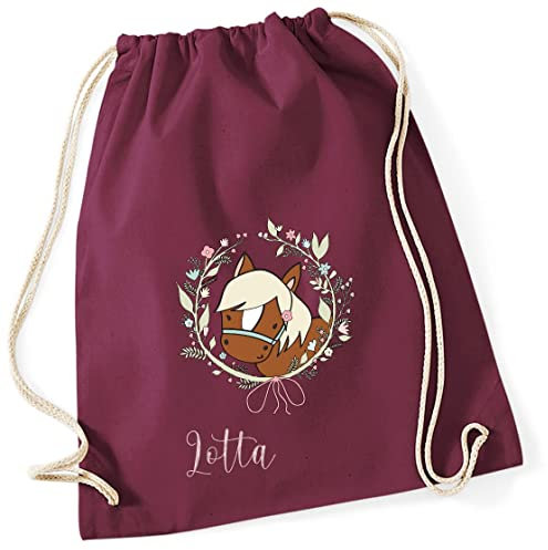 Personalisierter Turnbeutel für Mädchen mit Namen | Motiv Pferd und Blumen-Kranz | Stoffbeutel mit Kordel zum Zuziehen | Geschenk-Idee für Kinder (burgund)