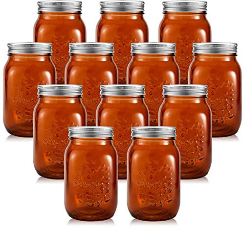 Tessco 12 Pieces 16 oz Amber Mason Jars with Lids Decorative Pint Canning Jars Regular Mouth Kitchen Canisters Glass Food Containers for Storage Pickling Preserving Fermenting, Christmas DIY Crafts