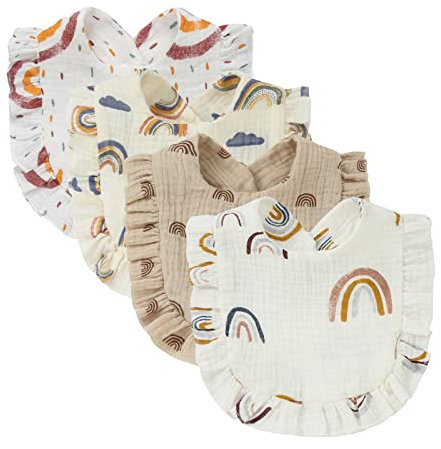 4 PACK Solid Muslin Baby Drool Bibs Set for Unisex Boys Girls Cotton Adjustable Teething Feeding Drooling Bibs (Rainbow Set)
