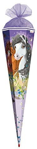 ROTH Schultüte groß Blumenpferde mit Glitter 85 cm - 6-eckig, Rot(h)-Spitze, Tüllverschluss - Zuckertüte Pferde