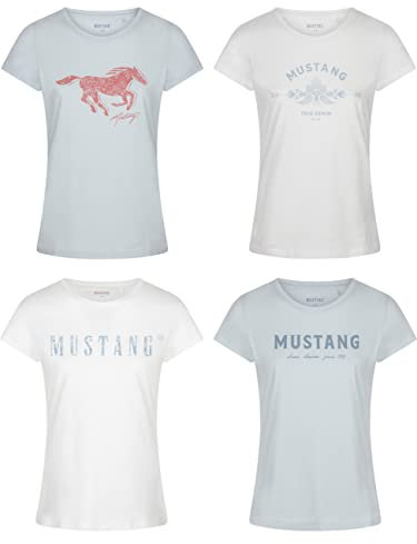 MUSTANG Damen T-Shirt 4er Pack Slim Fit Rundhals O-Neck Basic Kurzarm Logo Print Sommer Shirt 100% Baumwolle Weiß Blau Grün Rot S M L XL XXL, Größe:S, Farbe:Farbmix 3