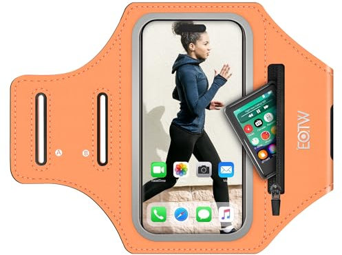 EOTW Brassard de sport pour jogging - Support pour téléphone portable avec poche Airpods pour lecteur MP3/iPhone 16/15/14/13 Pro Max Galaxy S24+/S23+/S22/S21 (orange, 6,0 ~ 6,7)