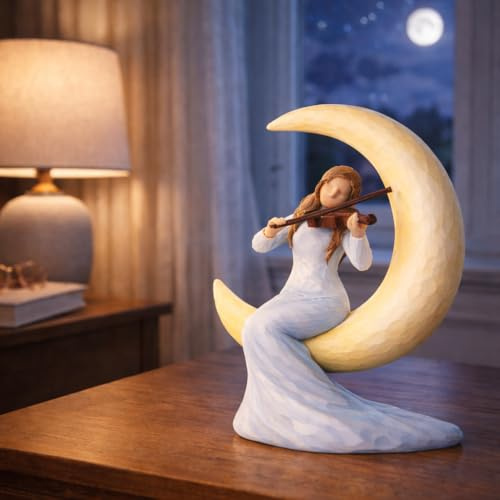 Violinenmädchen-Figur, handbemalt, Mädchen, das Violine auf Halbmond spielt, Musikliebhaber-Geschenke für Frauen, Sammlerstück-Skulptur für Schlafzimmer, Regal-Dekor, Geburtstagsgeschenk für Tochter