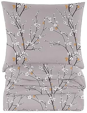 Cotton Market Bettwäsche 135x200 cm - Bettwäsche Baumwoll-Mikrofaser - Bettwäsche-Sets 2 Teilig - Bettbezug 135x200 cm und 1 Kissenbezug 70x80 cm - Grau, Baum und Blumen