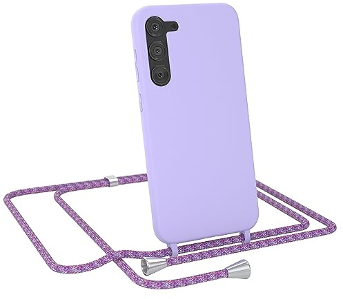 EAZY CASE - Handytasche zum Umhängen - kompatibel mit Samsung Galaxy S23 Plus Handy Schutzhülle mit Band, Necklace Hülle, farbig TPU Case, Lavendel Lila mit Schnur Unicorn Clips Silber