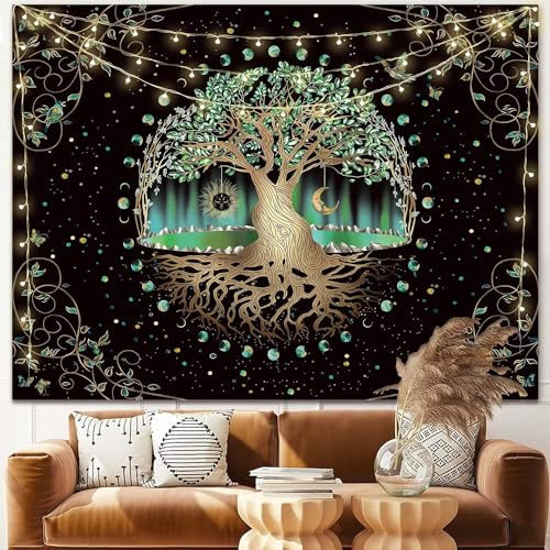 Mondphasen Baum des Lebens Tapisserie Natur Blume Pflanze Schmetterling Tapisserie Boho Mandala Spiritueller Wandteppich Ästhetischer Wandbehang für Wohnkultur Schlafzimmer Wohnzimmer Wohnheim Dekor