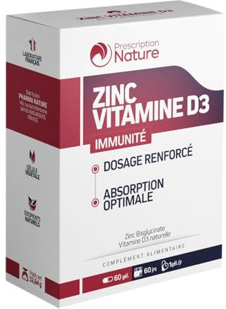 Prescription Nature - ZINC VITAMINE D3 - Complément Alimentaire Immunité - Gélules d’Origine Végétale, Dosage Renforcé, Absorption Optimale - Fabrication Française - 60 Gélules