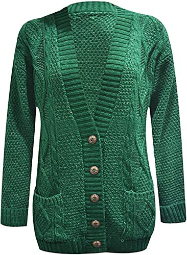 Purple Hanger New Womens Everyday Long Sleeve Button Top Ladies Chunky Aran Cable Knit Grandad Cardigan (18-20, Bottle Green)