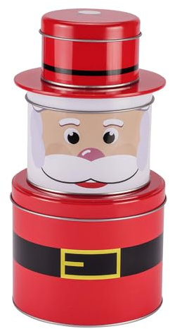 EUROtops Santa Biscuit Jar Set of 4 / 3 Tins 1 Lid Santa Storage Jar for Pastries Gifts Round Red White