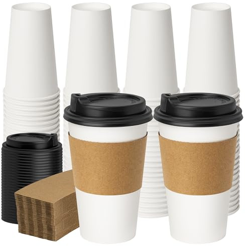 YEEHAW Coffee Cups with Lids 16 oz 50 Pack Upgraded, Disposable Paper Cups with Lids, To Go Coffee Cups with Sleeves for Hot Beverages and Drinkings, Cups with Upgraded 300gsm Material, 2.4*5.3*3.5