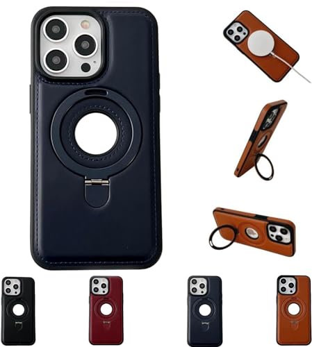 Luxurious Leather Invisible Stand for iPhone Case, Luxurious Faux Magnetic Leaky Label Phone Case, Leather Magnet Stand Phone Case for iPhone 15/14/13/12 Pro Max Plus (12Pro,Dark Blue)