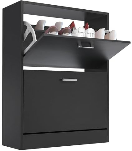 Blisswood 2 Drawer Shoe Cabinet, Wooden Shoe Storage Organiser Cupboard Unit Hallway Furniture, freestanding Entryway 2 tier Modern Shoes Rack Cabinet Footwear Stand for Shoes (Black)