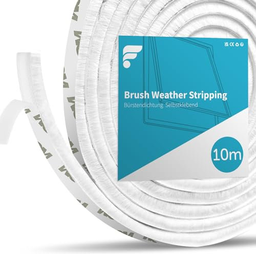 shinfly Draft Excluder for Doors Windows, 10M(L) x 9 mm(W) x 9mm(T) Draught Excluder for Sliding Door, Window and Wardrobe, Self-Adhesive Brush Seal Strip for Draft, Dust, Fly Proof (White, 10M)