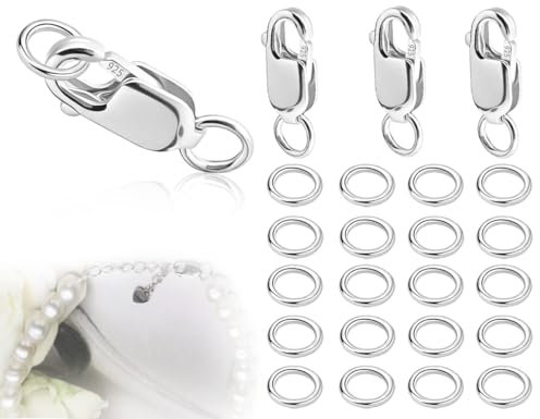 KAPSING 3 Stück Kettenverschluss Set,Sterling Silber 925 Karabinerverschluss,Lobster Clasp mit 20 Stück Offene Rings,Armband Schmuckverschluss Verbinder Zubehör,Für DIY Halsketten(Silber)