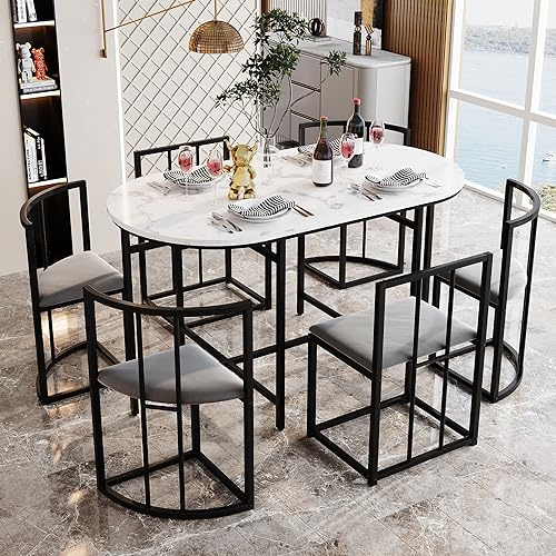 NNJN Sechs-Stuhl Esstischset:(Weißer Tisch, Stühle mit Rückenlehnen und grauen Polstern),Esszimmertisch und Stuhlset,Moderne Esstischkombination (Schwarzfarbenes Eisengestell)
