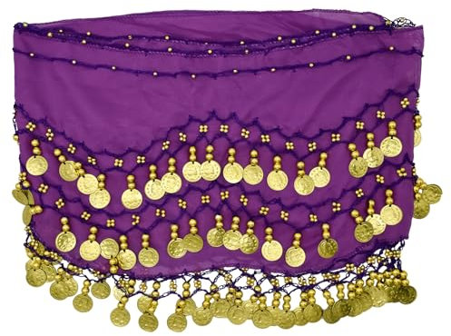 PAITOK Bauchtanz Hüfttuch, Frauens Bauchtanz Gürtel mit 128 Goldmünzen Tänzer Schal Kostüme Mädchen Tanzrock Wickelgürtel (Lila)