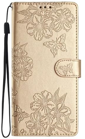 Lvnarery For Sony Xperia L3 Case,Shockproof Leather Wallet Book Flip Folio Magnetic Clasp Stand View Case for Sony Xperia L3 Phone Cases Shockproof Cover Cute Butterfly & flower,Gold