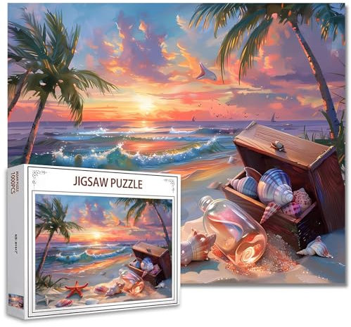 Tucocoo Wunderschönes Strand-Puzzle mit Sonnenuntergang, 1000 Teile, Puzzles für Erwachsene, Palmen, Seestern, Muscheln, Puzzles für anspruchsvolle Familienaktivitäten, buntes DIY-Puzzle für