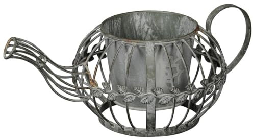Decorative Teapot with Plant Pot for Outdoor Use – Large Grey Vintage Iron Watering Can as Flower Pot Vase – 35 x 14 cm as Garden Balcony Wedding and Entrance Area Decoration in Shabby Chic Country