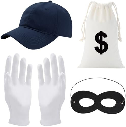 Panzerknacker Kostüm Accessoire,4 Stk Dieb Maske+Cap+Handschuhe +Geldsack,Bankräuber Kostüm,Cosplay Einbrecher Kostüm,Halloween Räuber Kostüm Verkleidung Erwachsene Halloween Karneval Cosplay Fasching