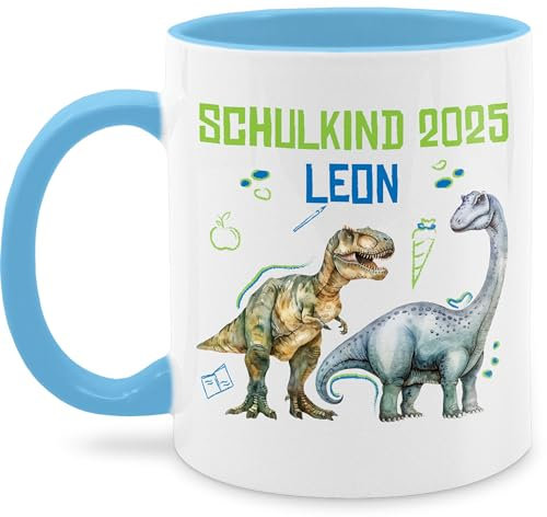 Tasse Tassen 325ml - Schulkind 2025 mit Name und Dinosauriern | Einschulung Geschenk Jungen Schulanfang Dino - 325 ml - Hellblau - junge personalisierte einschulungsgeschenke schulanfänger