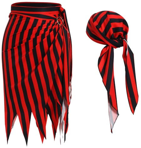 FYMNSI Damen Piraten Kost�m Piraten Rock Asymmetrische Schwarz Rot Gestreift Piratenrock mit Kopftuch Bandana Piratin Piratenkost�m f�r Halloween Party Fasching Karneval Cosplay Rot Einheitsgr��e
