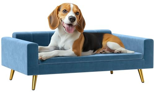 PawHut Canapé Chien, lit pour Chien, revêtement en Velours Soyeux, 94 x 59,5 x 31,5 cm, Design scandinave, canapé pour Chien sur Pied, avec Coussin Moelleux, Pieds en Acier Inoxydable, Bleu