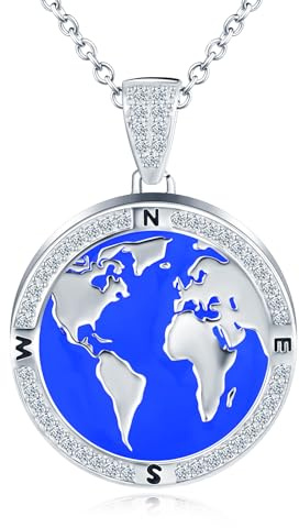 MICMIF Foto Kette Medaillon Damen 925 Sterling Silber Weltkarte Halskette Weltkugel Anhänger Runde Personalisierte Medaillon zum öffnen für 2 Bilder Amulett Kette für Frauen Mädchen