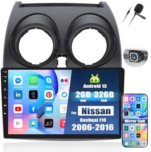 Android 13 Autoradio Dual Din 2+32GB für Nissan Qashqai J10 2006-2016 mit Mirror Link, 9 Zoll HD 1080P Touchscreen mit Bluetooth WiFi GPS-Navigation FM/RDS USB SWC+Rückfahrkamera