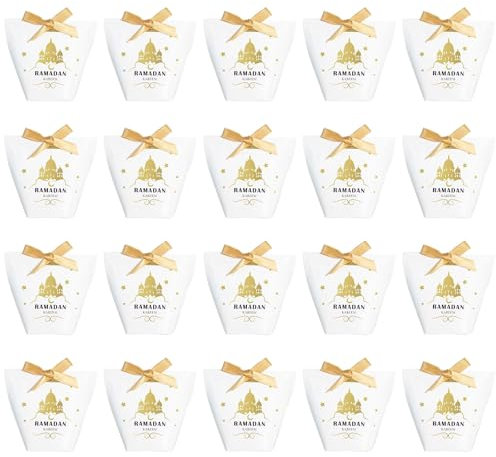 Eid Mubarak Geschenkboxen,20 Stück Papier Eid Mubarak Geschenkkartons,Ramadan Geschenktüten Süßigkeiten Boxen Taschen für Muslim Ramadan Islamic Party Decor (Weiß Schloss Muster)