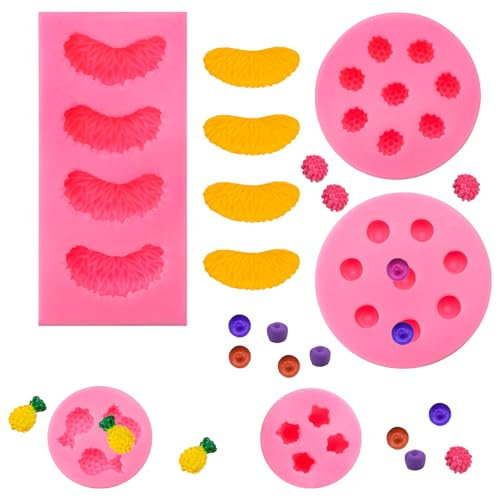 Lot de 5 moules en silicone en forme de fruits, moules à fondant 3D, moule à chocolat, moule à bonbons, ananas, fraise, orange, myrtille, mûre