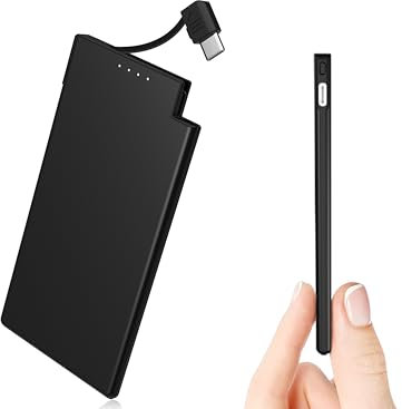 Auskang 5000mAh Power Bank with built-in Type-C Cable, USB C Power Bank Slim Lightweight Portable Charger Small External Battery, Compatible with Samsung, Sony, iPhone 15 Series, etc.- Black