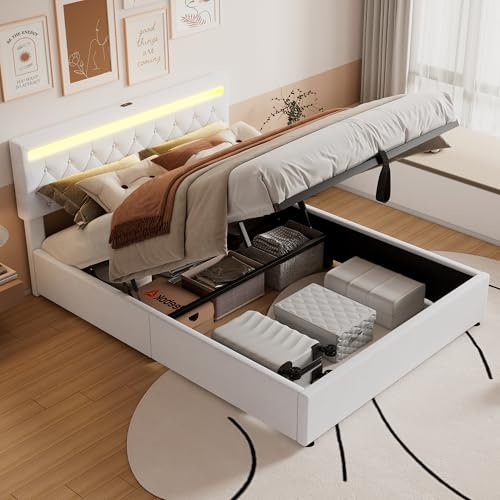 Huayz Doppelbett Staubett mit USB-Buchse Typ C, Polsterbett 160 x 200 cm mit stimmungsvollem Licht auf dem Bett, Hydraulikbett, Bett mit Platz Stauraum und Lattennetz, ohne Matratze (Weiß, 160×200cm)