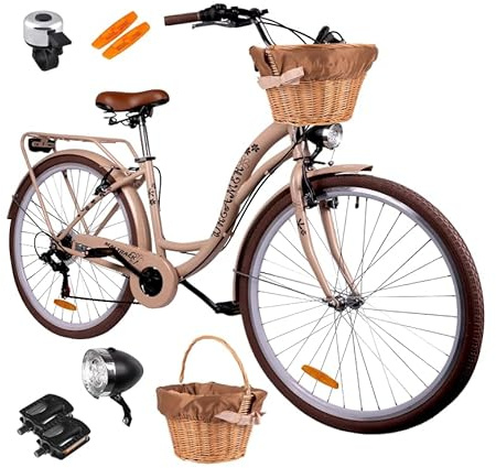 BDW Vélo de Ville pour Femme 28, Cadre en Acier 18, 6 Vitesses avec Panier en Osier, Freins V-Brake, Charge maximale 120 kg