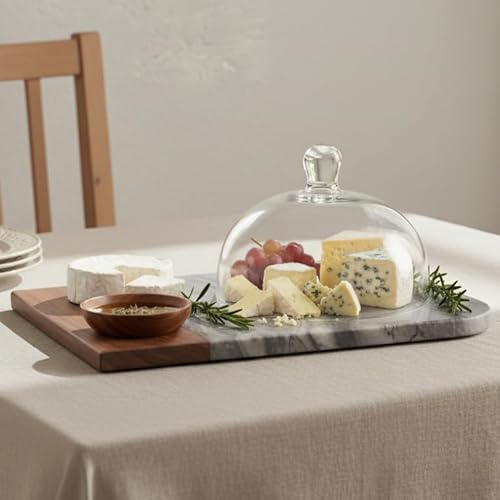 Marble & Wood Colourblock Serving Platter with Clear Glass Dome 38 x 25cm, Grey – Elegant Display Stand for Cakes, Cheese & Desserts