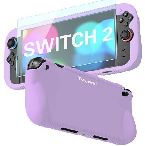 Teyomi Protective Silicone Case Compatible with Nintendo Switch 2,Shockproof Cover for Nintendo Switch 2 with Tempered Glass Screen Protector,Ergonomic Grip Case for Switch 2,2 Game Card Slot (Purple)