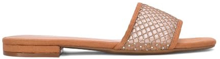 ESSEX GLAM Women's Flat Slip On Diamante Slider Ladies Open Toe Faux Suede Summer Holiday Mule Sandals Shoes Size 3-8