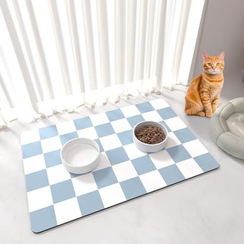 BLESWIN Pet Feeding Mat, 61x40.5CM Absorbent Dog Food Mat, Checkered Cat Bowl Mats, Easy to Clean Pet Placemats, Quick Dry Dog Water Dispenser Mats for Messy Drinkers, Blue & White