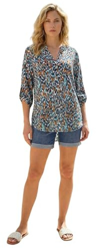 Roman Shirt for Women UK Ladies Top Collarless Blouse Stretchy Tunic Smart Casual Autumn Winter Jersey 3/4 Length Sleeve Notch V Neck Flattering Office Work - Navy Multi - Size 18