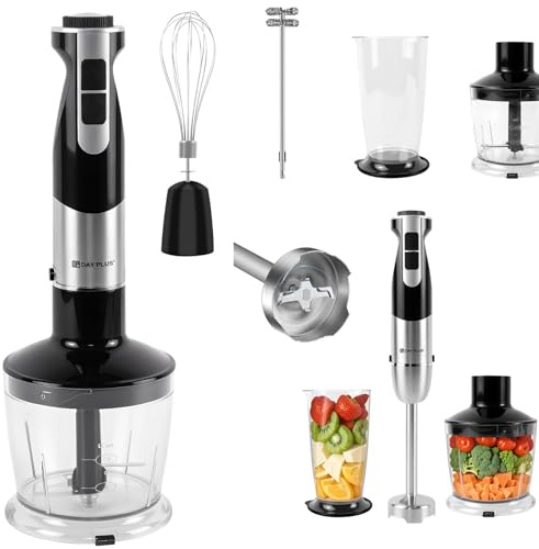1200W Hand Blender Electric Stick Blender Curry Puree Food Mixer Liquidiser 5-in-1 Stainless Steel Electric Stick Blender, with TURBO, 700ml Beaker, 500ml Chopper, Egg Whisk, Milk Frother, 12 Speeds