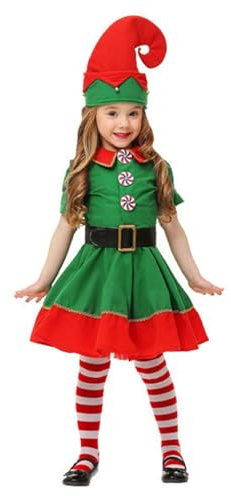 Weihnachtself Kostüm Mädchen Kinder Weihnachten Wichtel Kostüm Grünes Kleid mit Elfenmütze Elfen Weihnachtskostüm für Maskerade Neujahr Cosplay Mottoparty Karneval Verkleidung 100-180 cm