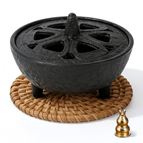 Cast Iron Incense Holder, Wax Melt Burners for Incense Resins, Cones or Sticks and Wax Melts Log, Sandalwood Burner Accessories, Zen Spirit Bamboo Woven Insulation Mat