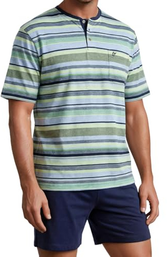 hajo Klima Light Herren Schlafanzug Set – Gestreiftes Kurzarm T-Shirt mit Knopfleiste & Bequeme Kurze Hose mit Gummizug – Atmungsaktives Material, Weich & Leicht für Angenehmen Komfort