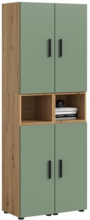xonox.home – Wohnkombination The One 65x178x34 cm in Artisan Oak und Smoke Green – Schmale Vitrine mit 4 Türen – 10 Fächer bieten platzsparende Lösungen & EIN modernes Highlight für den Flur