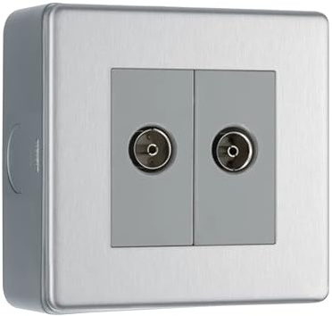 Brushed Steel Screwless 2 Gang Isolated Coaxial TV Socket & Surface Pattress Back Box